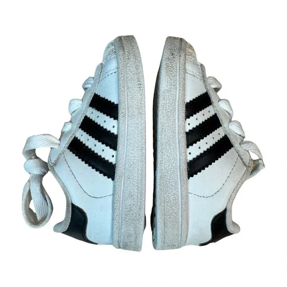 ADIDAS Baby Toddler 4K Superstar 3 Stripe Leather Sneakers White With Navy Blue - Picture 8 of 15